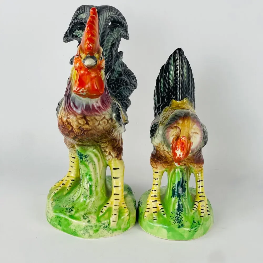 Vintage Ceramic Rooster and Hen Figurine Kitsch Farmhouse Decor